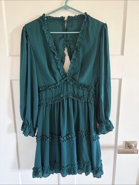 Teal Ruffle V-Neck Long Sleeve Dress